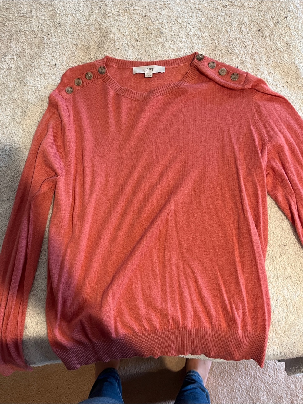 LOFT Coral Button-Shoulder Crew Sweater